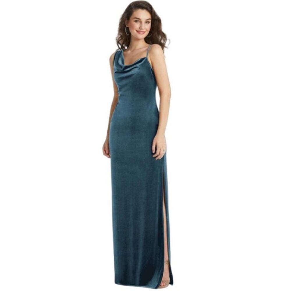 Dessy Social Bridesmaids Lux Velvet Slip Maxi Dress Dutch Blue L